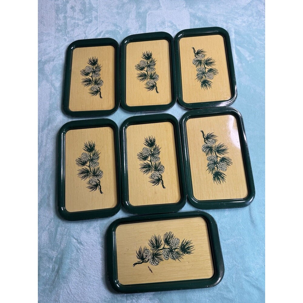 Vintage Pinecone 14”x8.5” TV Trays Green 1970’s Lot Of 7